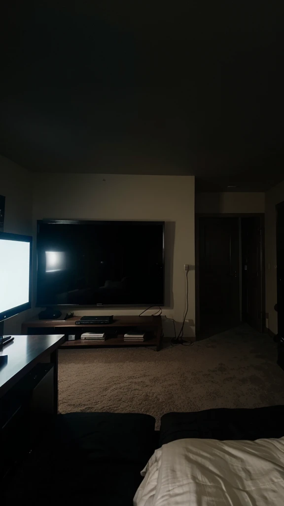 A simple room with a TV playing a movie, the room is very dark at night, the view from the bed to the TV