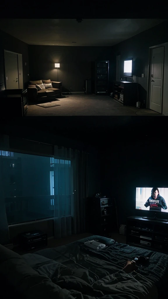 A simple room with a TV playing a movie, the room is very dark at night, the view from the bed to the TV