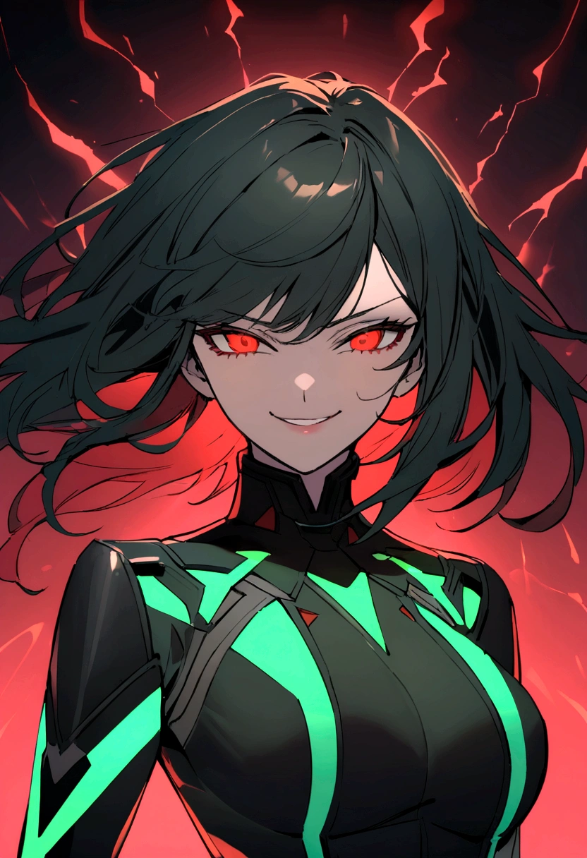 generates an adult woman with black hair and red eyes, futuristic clothing in black and dark green tones, a somewhat deranged smile and with a red aura of power 