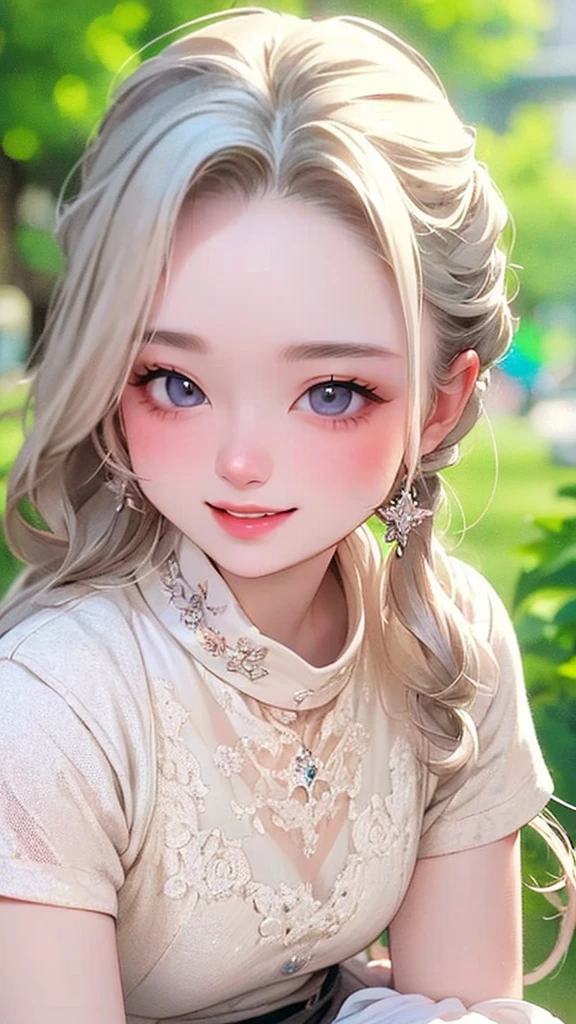 (((Highest quality))),(((Very detailed))),masterpiece,(((Realistic))),(((Photorealistic))),Russia、1men and women、Beautiful silver hair、Natural light、smooth lips、Small Nose、((No makeup))、(((Cute beautiful perfect face at 18 years old)))、Small breasts、Cute pose 、(Smiling Kindly)、((Detailed face)), ((Upper body details)), (Delicate skin), White skin,(Cold colors)、(Highest quality) ,Gion Walk、((Blurred Background))