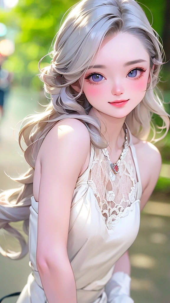 (((Highest quality))),(((Very detailed))),masterpiece,(((Realistic))),(((Photorealistic))),Russia、1men and women、Beautiful silver hair、Natural light、smooth lips、Small Nose、((No makeup))、(((Cute beautiful perfect face at 18 years old)))、Small breasts、Cute pose 、(Smiling Kindly)、((Detailed face)), ((Upper body details)), (Delicate skin), White skin,(Cold colors)、(Highest quality) ,Gion Walk、((Blurred Background))