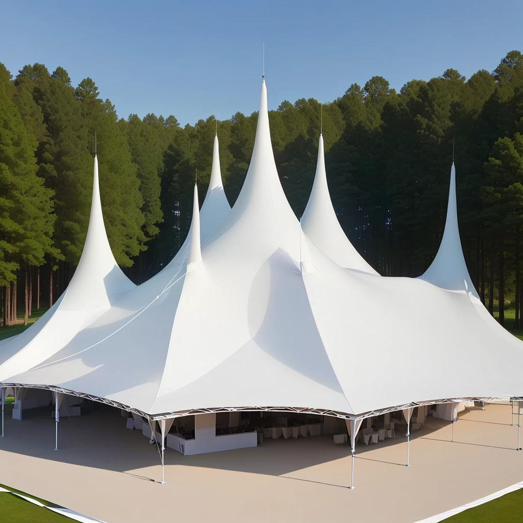 there is a large white tent with a lot of trees in the background, tent architecture, Covered outdoor stage, big top circus tent, an outdoor festival stage, tent, Selection Box, tents, pavilion, Sports Palace Amphitheater, Grand design, Clarity、Smooth、Clean lines, Canopies, Awesome Award Winning, shutter, Beautiful symmetry, Children&#39;s, drama
