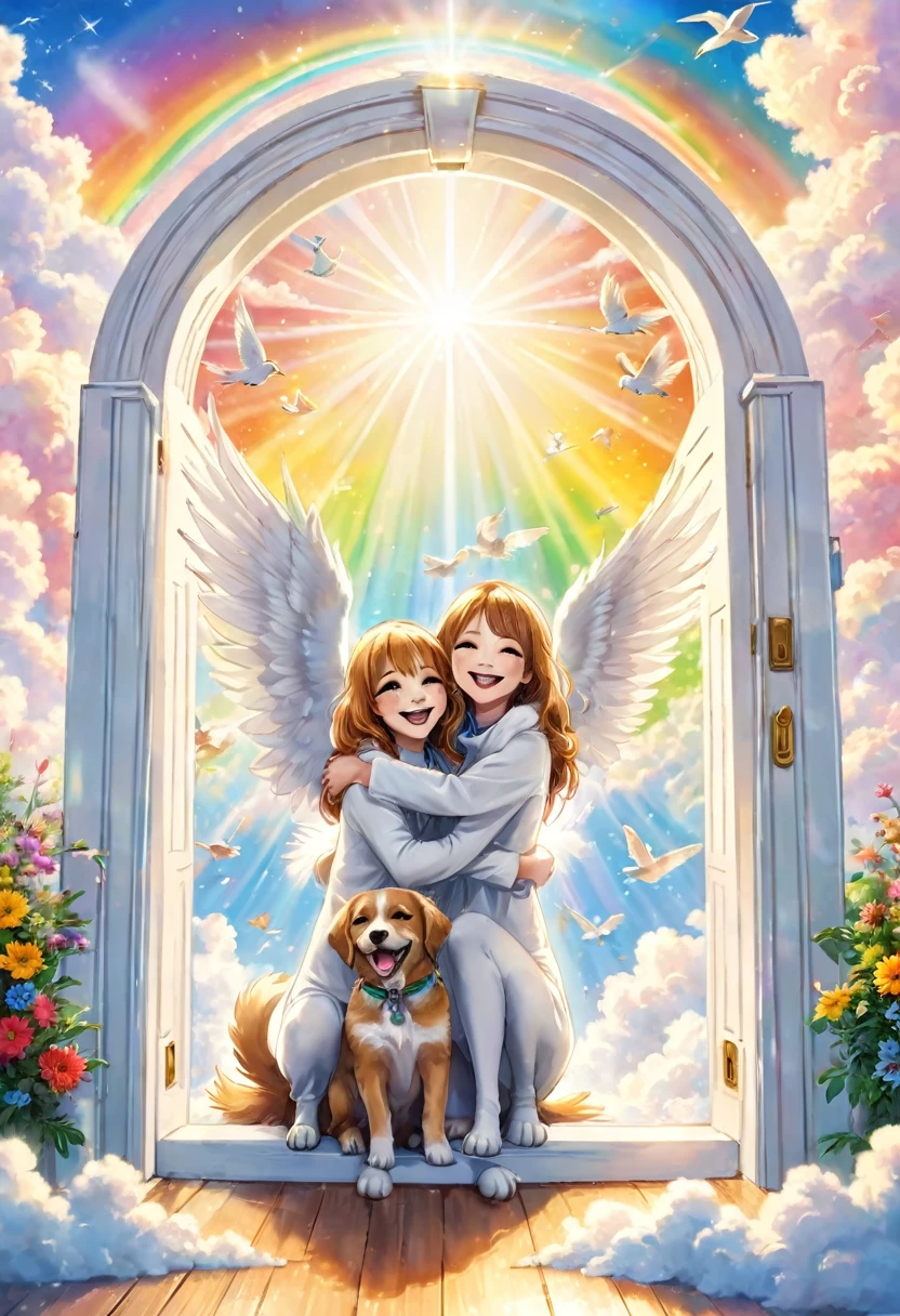 Angels smiling and hugging in front of the big white door of heaven, dogs, cats, birds, joy, happiness, smiles, shining space, above the clouds, rainbow bridge