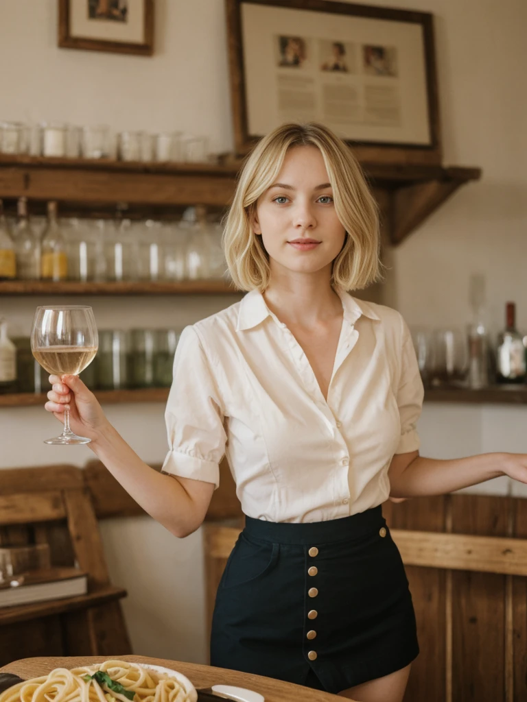 her name is Elle, high quality, 1girl, ((20-year-old fit Caucasian woman)), ((20 years old)), ((fit)), ((pale skin)), short bob blonde hair , wearing Blush Ruffled Wrap Blouse + High-Waisted Khaki Button-Front Skirt, pose: standing, background: Detail the sights and sounds inside a cozy Italian trattoria, from the clinking of wine glasses and the soft strains of an accordion to the delicious smells of pasta and garlic