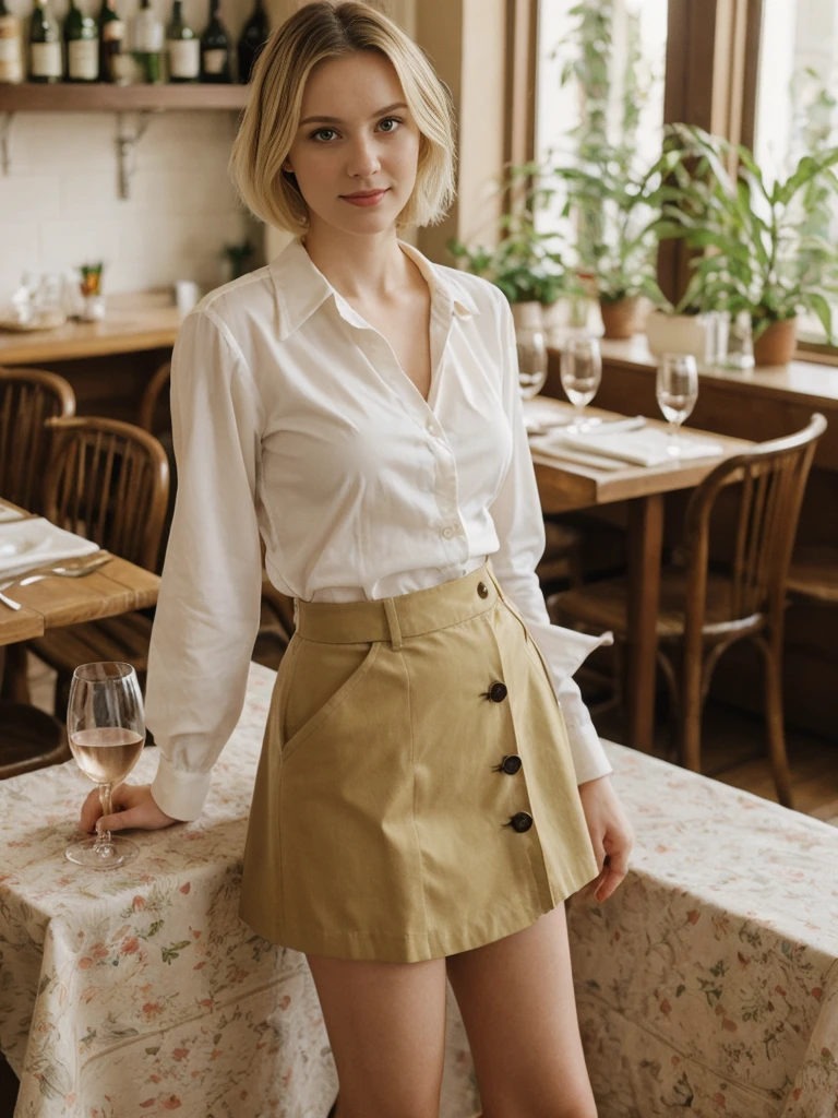 her name is Elle, high quality, 1girl, ((20-year-old fit Caucasian woman)), ((20 years old)), ((fit)), ((pale skin)), short bob blonde hair , wearing Blush Ruffled Wrap Blouse + High-Waisted Khaki Button-Front Skirt, pose: standing, background: Detail the sights and sounds inside a cozy Italian trattoria, from the clinking of wine glasses and the soft strains of an accordion to the delicious smells of pasta and garlic