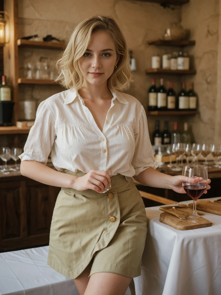 her name is Elle, high quality, 1girl, ((20-year-old fit Caucasian woman)), ((20 years old)), ((fit)), ((pale skin)), short bob blonde hair , wearing Blush Ruffled Wrap Blouse + High-Waisted Khaki Button-Front Skirt, pose: standing, background: Detail the sights and sounds inside a cozy Italian trattoria, from the clinking of wine glasses and the soft strains of an accordion to the delicious smells of pasta and garlic