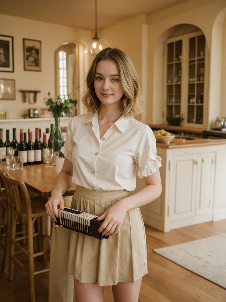 her name is Elle, high quality, 1girl, ((20-year-old fit Caucasian woman)), ((20 years old)), ((fit)), ((pale skin)), short bob blonde hair , wearing Blush Ruffled Wrap Blouse + High-Waisted Khaki Button-Front Skirt, pose: standing, background: Detail the sights and sounds inside a cozy Italian trattoria, from the clinking of wine glasses and the soft strains of an accordion to the delicious smells of pasta and garlic