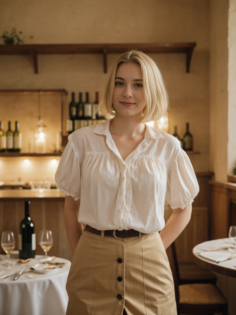 her name is Elle, high quality, 1girl, ((20-year-old fit Caucasian woman)), ((20 years old)), ((fit)), ((pale skin)), short bob blonde hair , wearing Blush Ruffled Wrap Blouse + High-Waisted Khaki Button-Front Skirt, pose: standing, background: Detail the sights and sounds inside a cozy Italian trattoria, from the clinking of wine glasses and the soft strains of an accordion to the delicious smells of pasta and garlic