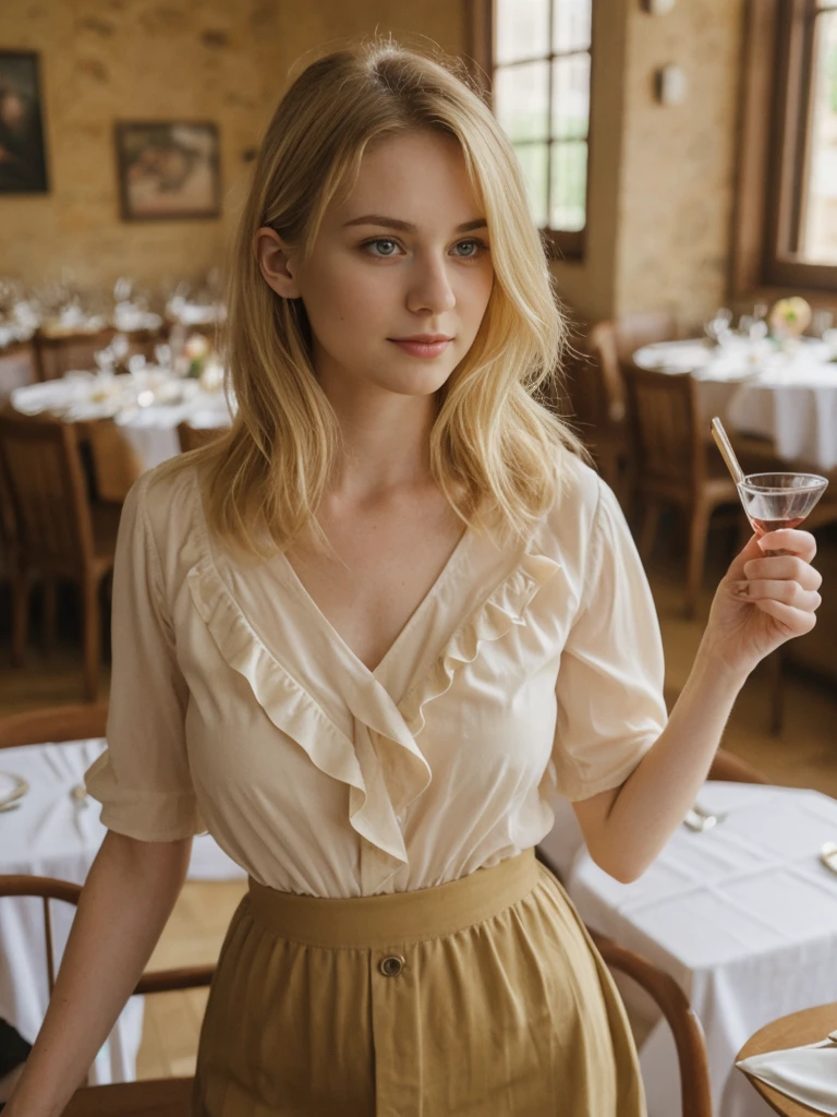 her name is Elle, high quality, 1girl, ((20-year-old fit Caucasian woman)), ((20 years old)), ((fit)), ((pale skin)), short bob blonde hair , wearing Blush Ruffled Wrap Blouse + High-Waisted Khaki Button-Front Skirt, pose: standing, background: Detail the sights and sounds inside a cozy Italian trattoria, from the clinking of wine glasses and the soft strains of an accordion to the delicious smells of pasta and garlic