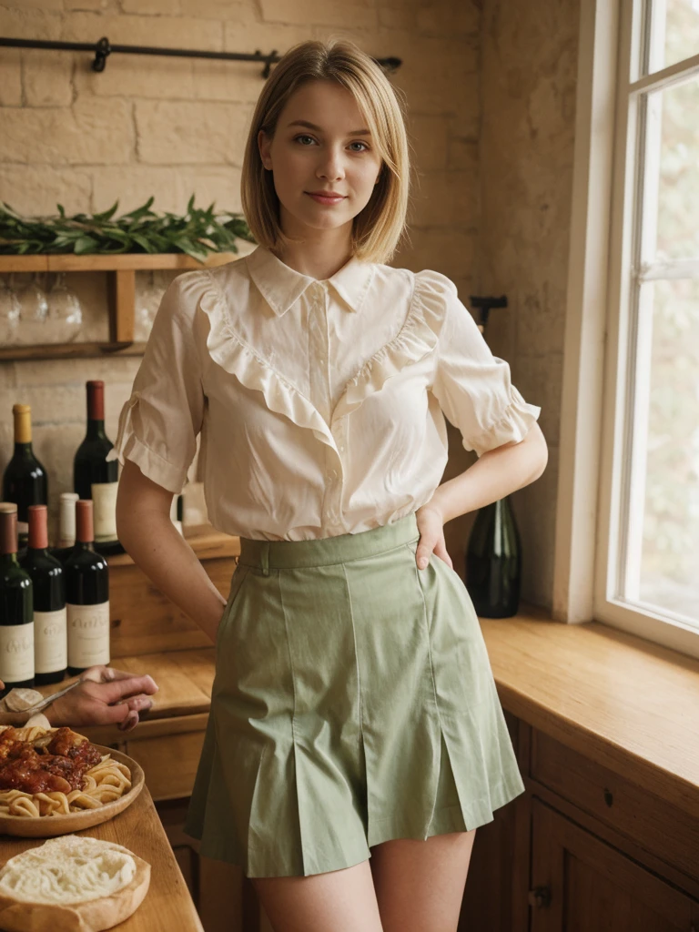 her name is Elle, high quality, 1girl, ((20-year-old fit Caucasian woman)), ((20 years old)), ((fit)), ((pale skin)), short bob blonde hair , wearing Blush Ruffled Wrap Blouse + High-Waisted Khaki Button-Front Skirt, pose: standing, background: Detail the sights and sounds inside a cozy Italian trattoria, from the clinking of wine glasses and the soft strains of an accordion to the delicious smells of pasta and garlic