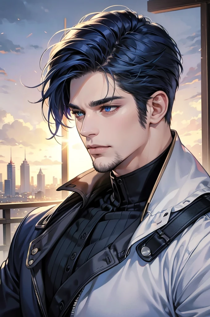 (best quality,4k,8k,highres,masterpiece:1.2),ultra-detailed,(realistic,photorealistic,photo-realistic:1.37),30 year old man,3 day beard,handsome anime,portraits,strong,masculine,dark blue hair,sharp jawline,mesmerizing eyes,perfectly styled hair,short hair, cool anime outfit,confident expression,vibrant colors,dynamic lighting