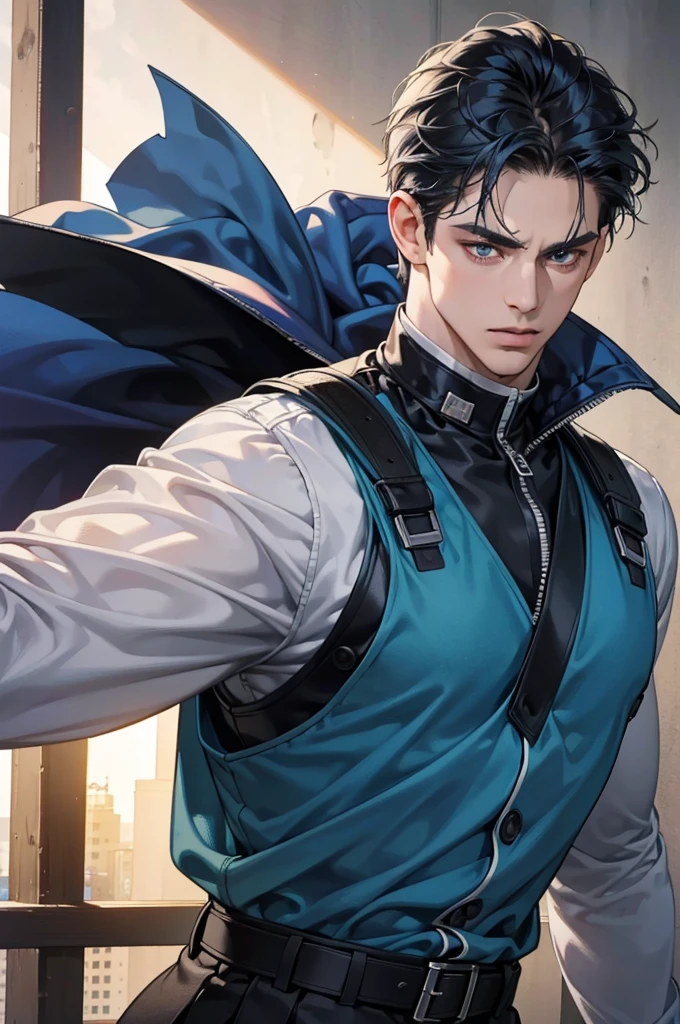 (best quality,4k,8k,highres,masterpiece:1.2),ultra-detailed,(realistic,photorealistic,photo-realistic:1.37),30 year old man,3 day beard,handsome anime,portraits,strong,masculine,dark blue hair,sharp jawline,mesmerizing eyes,perfectly styled hair,short hair, cool anime outfit,confident expression,vibrant colors,dynamic lighting