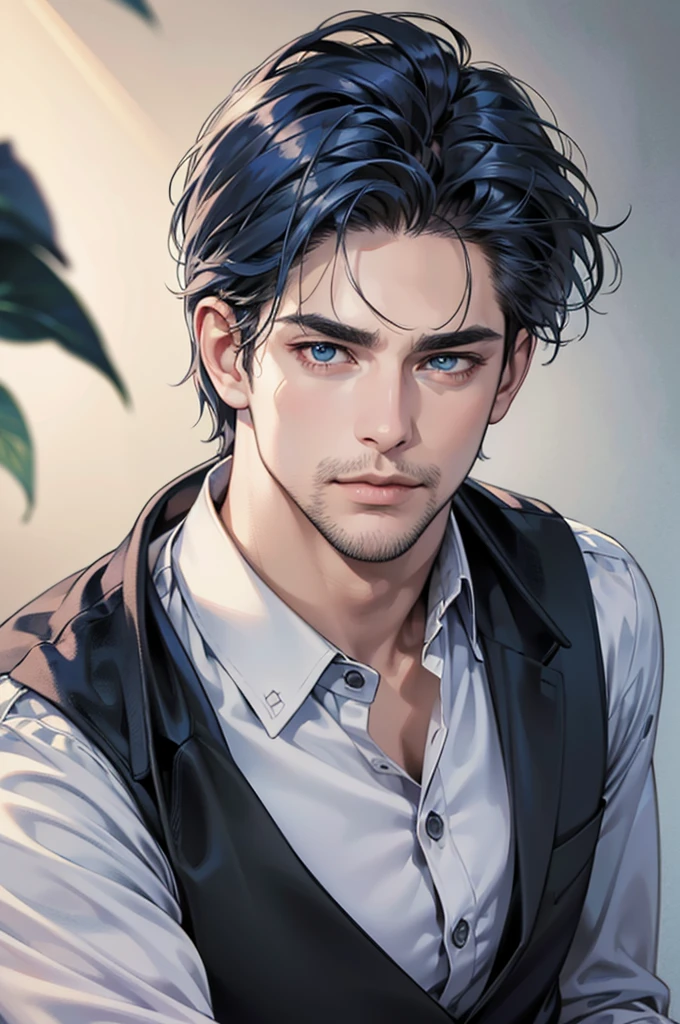 (best quality,4k,8k,highres,masterpiece:1.2),ultra-detailed,(realistic,photorealistic,photo-realistic:1.37),30 year old man,3 day beard,handsome anime,portraits,strong,masculine,dark blue hair,sharp jawline,mesmerizing eyes,perfectly styled hair,short hair, cool anime outfit,confident expression,vibrant colors,dynamic lighting