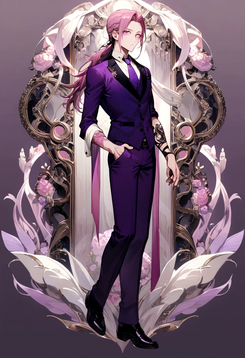 a boy with a hairstyle (mullet) Pink color, big eyelashes, light pink eye color, rolled dress shirt, White color, with the purple vest, purple pants, purple tie, black shoes, with a boton tattoo on his forearm, (whole body) 4k