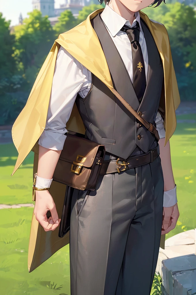 (masterpiece; best quality: 1.2), (finely detailed eyes: 1.3), ((10 year old male kid)), ((solo)), (yellow eyes: 1.4), (body; short, slender: 1.3), (short white hair: 1.3), (beautiful and clear background: 1.2), ((depth of field)), (clothes: dark grey vest + white shirt + dark grey pants + brown cape + black-and-gold necktie + belts + traveler satchel and pouches: 1.3), (anime illustration: 1.2), (background; garden exterior: 1.1), (extremely fine and handsome: 1.1), (shot composition; standing + centered on torso + close-up: 1.5), (expression; calm, stoic: 1.2)