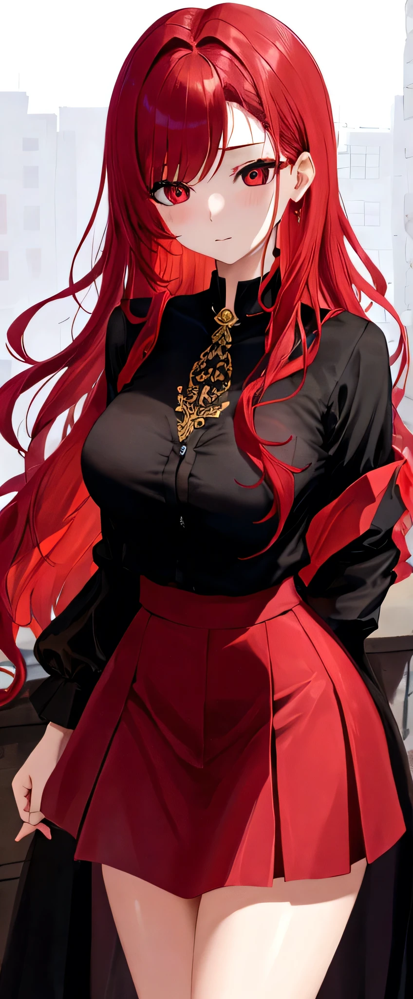 Kizi, red hair with wavy ends, dark shaped eyes, skin fair, wearing a skirt and blouse