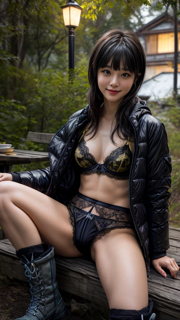 nsfw、(((Night view)))、((White Breath、Beautiful starry sky、In the mountains、smile、in the forest、winter、Cottage))、Sit in front of the bonfire、Outdoor、(((Front open black down jacket)))、((Leg warmers))、((Trekking boots))、 table、((Big Breasts))、short hair、((blunt bangs))、High resolution、High resolution、In 8K、Real Live Action、RAW Photosgraphy、Highest quality、masterpiece、tableトップ、erotic,White skin,knees, Absurd,Small face、masterpiece,Highest quality、超High resolution,RAW Photos,only,One person, One personで,whole body、very nice、Japanese women,(Realistic:1.4)、Photon Mapping、Realistic、Beautiful woman、物理ベースのonlyダリング、Qianfang、Depth of field rally background、 Soft Nose, Sparkling eyes、Glossy Lips、((Spread your legs))、(((Detailed design of black lace yellow lingerie is visible:1.1)))、(((Ultra Small Panties)))