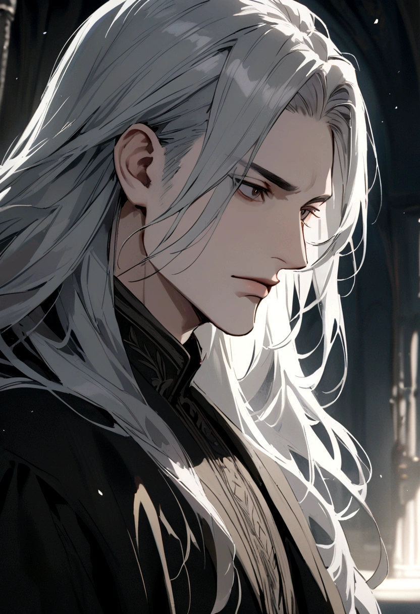 Man, long hair, gray hair, dark eyes, masculine.