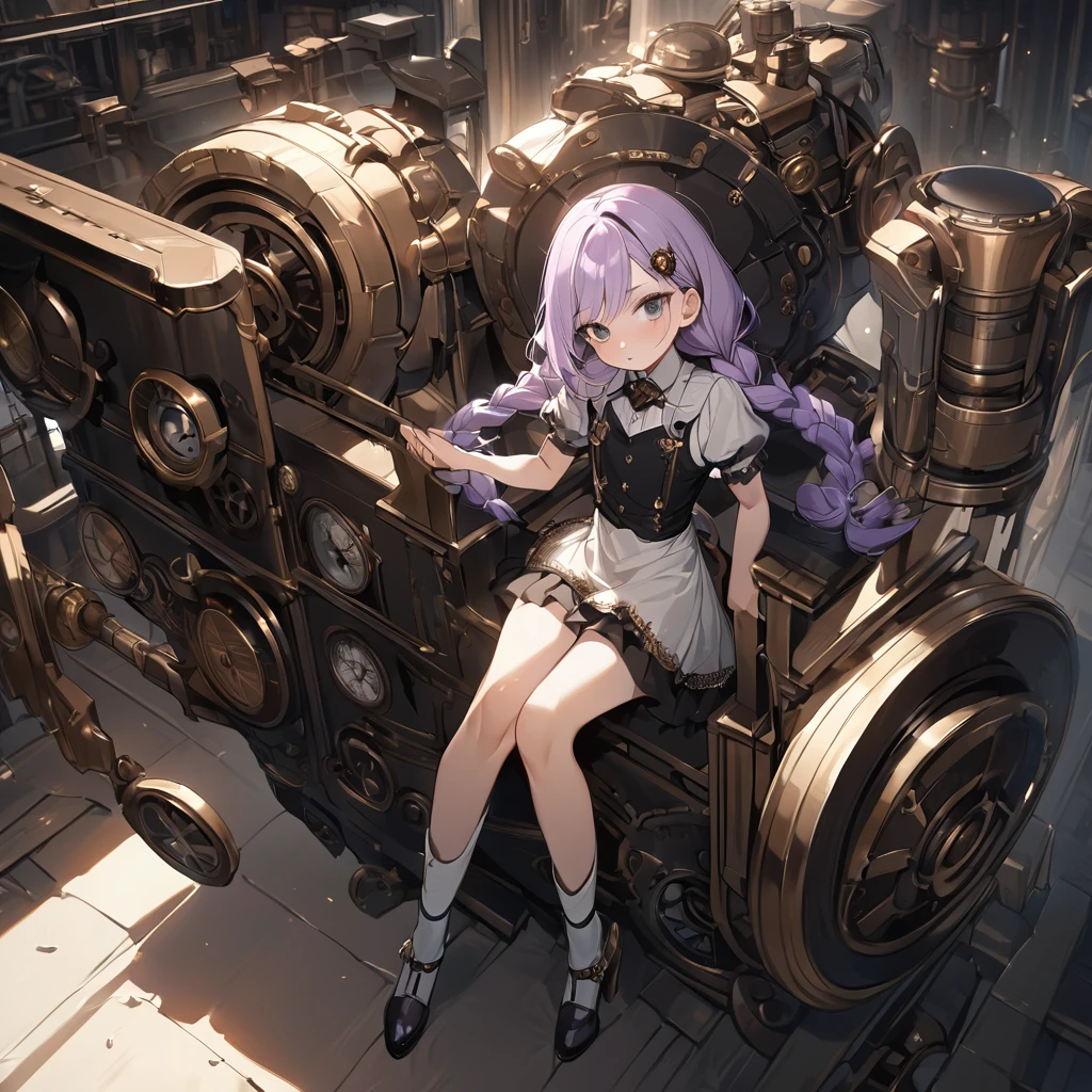 (Cute a girl:1.5), (a girl with closs hair pin,pale purple hair,wavy two braids,bluntbangs hair,green and black eyes, :1.4),
(masterpiece:1.3), anime visual, (tilt head:1.3), extremely delicate face, realistic lighting and shading, (an extremely delicate and beautiful art:1.3), elegant, (muted colors:1.1), Looking up, blushing, one hand holding her crotch, the other hand resting on the girl's lips, pouting lips, perfectly flat chest,look at viewer,fullbody shot,Steampunk factory, steampunk machine a girl in a uniform is riding a bird machine looking towards me and waving,
