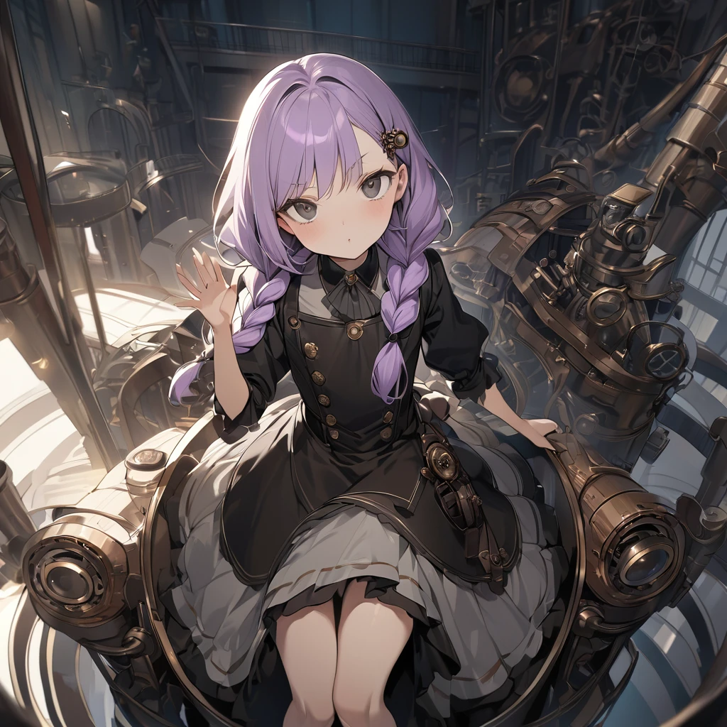 (Cute a girl:1.5), (a girl with closs hair pin,pale purple hair,wavy two braids,bluntbangs hair,green and black eyes, :1.4),
(masterpiece:1.3), anime visual, (tilt head:1.3), extremely delicate face, realistic lighting and shading, (an extremely delicate and beautiful art:1.3), elegant, (muted colors:1.1), Looking up, blushing, one hand holding her crotch, the other hand resting on the girl's lips, pouting lips, perfectly flat chest,look at viewer,fullbody shot,Steampunk factory, steampunk machine a girl in a uniform is riding a bird machine looking towards me and waving,