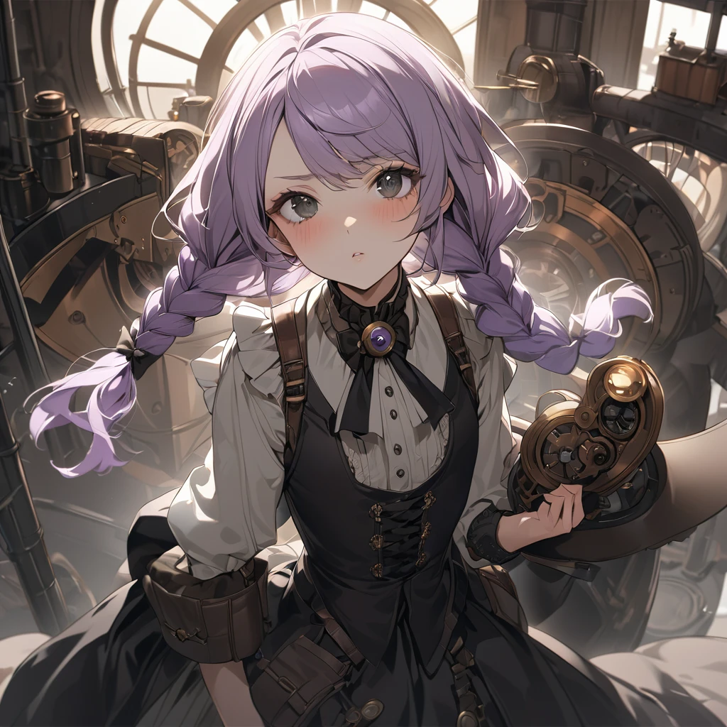 (Cute a girl:1.5), (a girl with closs hair pin,pale purple hair,wavy two braids,bluntbangs hair,green and black eyes, :1.4),
(masterpiece:1.3), anime visual, (tilt head:1.3), extremely delicate face, realistic lighting and shading, (an extremely delicate and beautiful art:1.3), elegant, (muted colors:1.1), Looking up, blushing, one hand holding her crotch, the other hand resting on the girl's lips, pouting lips, perfectly flat chest,look at viewer,fullbody shot,Steampunk factory, steampunk machine a girl in a uniform is riding a bird machine looking towards me and waving,
