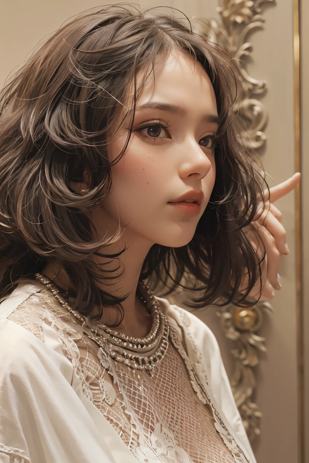 Raped woman with permed hair, what makeup, without makeup, Centrally separated curtain bangs, Profile picture, Use Instagram Filters, Subtle soft and dim light, Pose looking around the museum, Sculpture, Landmark, perfect face, julia sardinian, perfect hands, Random behavior, (full_body),
