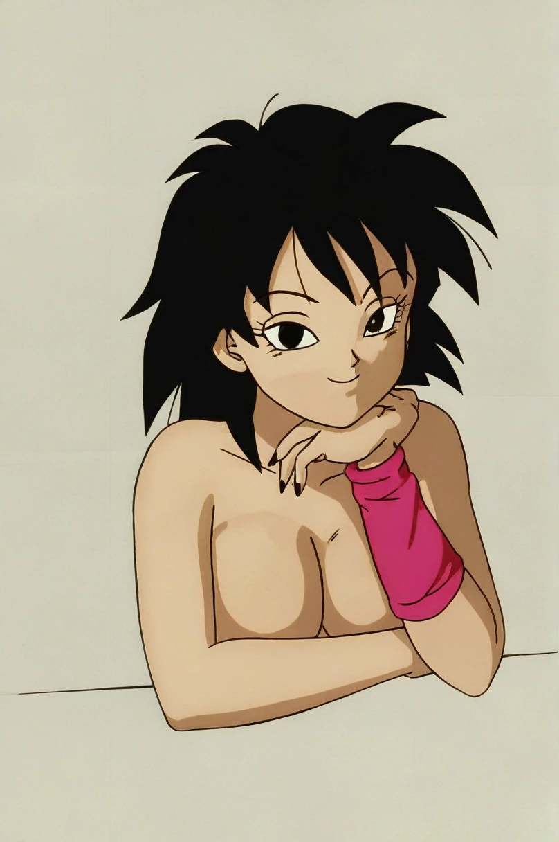 fountain_cheered up, score_9,score_8_above, score_7_above, gineDb, cheered up screencap,
1 girl, Alone, old, looking at the viewer, SMILE, short hair, simple background, black fur, neckline, bare shoulders, medium old, Closed mouth, aboveper body, retro artStyle, 1990s \(Style\), Gray background, black eyes, nails, hands above, bare arms, eyelashes, half closed eyes, happy, own hands together, spiky hair, pink bracelet, intertwined fingers, headrest, elbow rest, saiyajin armadura, green saiyajin armadura, Eyebrows, v-shaped Eyebrows. sexy butt, naked, NSFW, NSFWart, detailed full body, standing