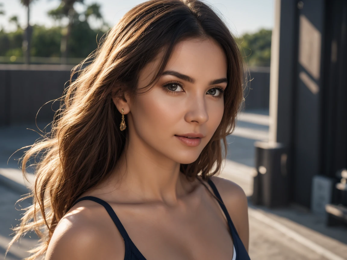 arafed woman fully, 45 years old, with brown eyes, ultra realistic, meticulously detailed, portrait sophie mudd, brown hair bun and large eyes, selfie of a young woman, dubai eyes, violet myers, without makeup, natural makeup, looking directly at the camera, face with artgram, subtle makeup, stunning full body on balcony, cleavage, pushup, medium to large size bust