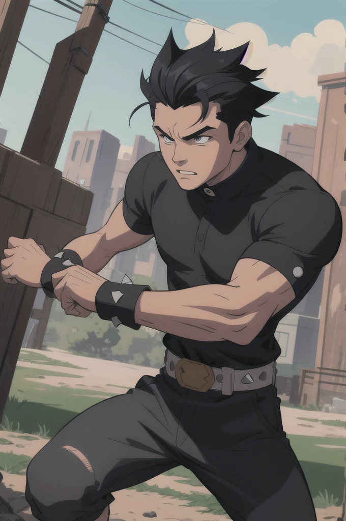 Comic style, illustration, line art style,best quality, masterpiece, highres, detailed, digital illustration, KidGoku, black hair, spiked hair, wristband, dougi, solo male , outdoors,fighting,