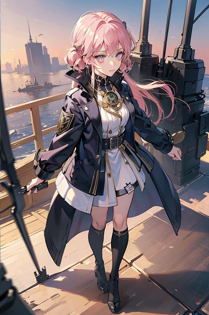 full body shot, High angle, best quality, extremely detailed, 8K, focus on background, dystopian society, helicopter, manga, anime, watercolor, steampunk, masterpiece, a beautiful woman, flying, solo, single mechanical arm, energy weapons, robot suit, half-up, big eyes, beautiful pink eyes, long eyelashes, pensive, mesh, cool, looking at the camera, gold piercing,