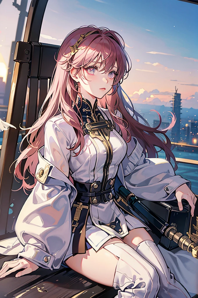 full body shot, High angle, best quality, extremely detailed, 8K, focus on background, dystopian society, helicopter, manga, anime, watercolor, steampunk, masterpiece, a beautiful woman, flying, solo, single mechanical arm, energy weapons, robot suit, half-up, big eyes, beautiful pink eyes, long eyelashes, pensive, mesh, cool, looking at the camera, gold piercing,