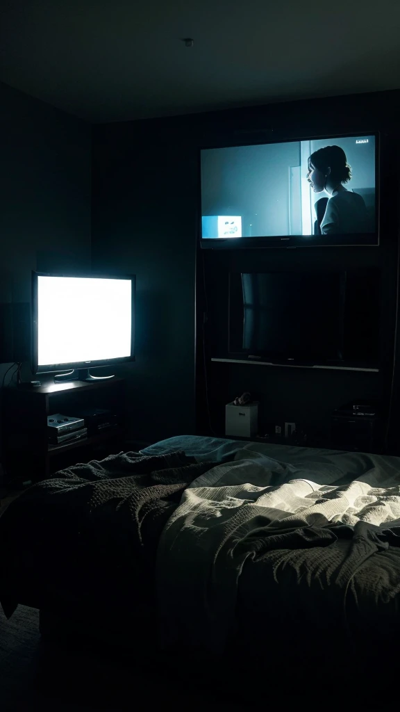 A simple room with a TV playing a movie, the room is very dark at night, the view from the bed to the TV