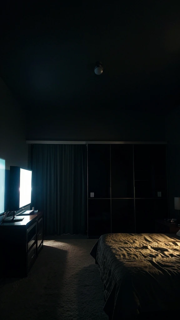 A simple room with a TV playing a movie, the room is very dark at night, the view from the bed to the TV