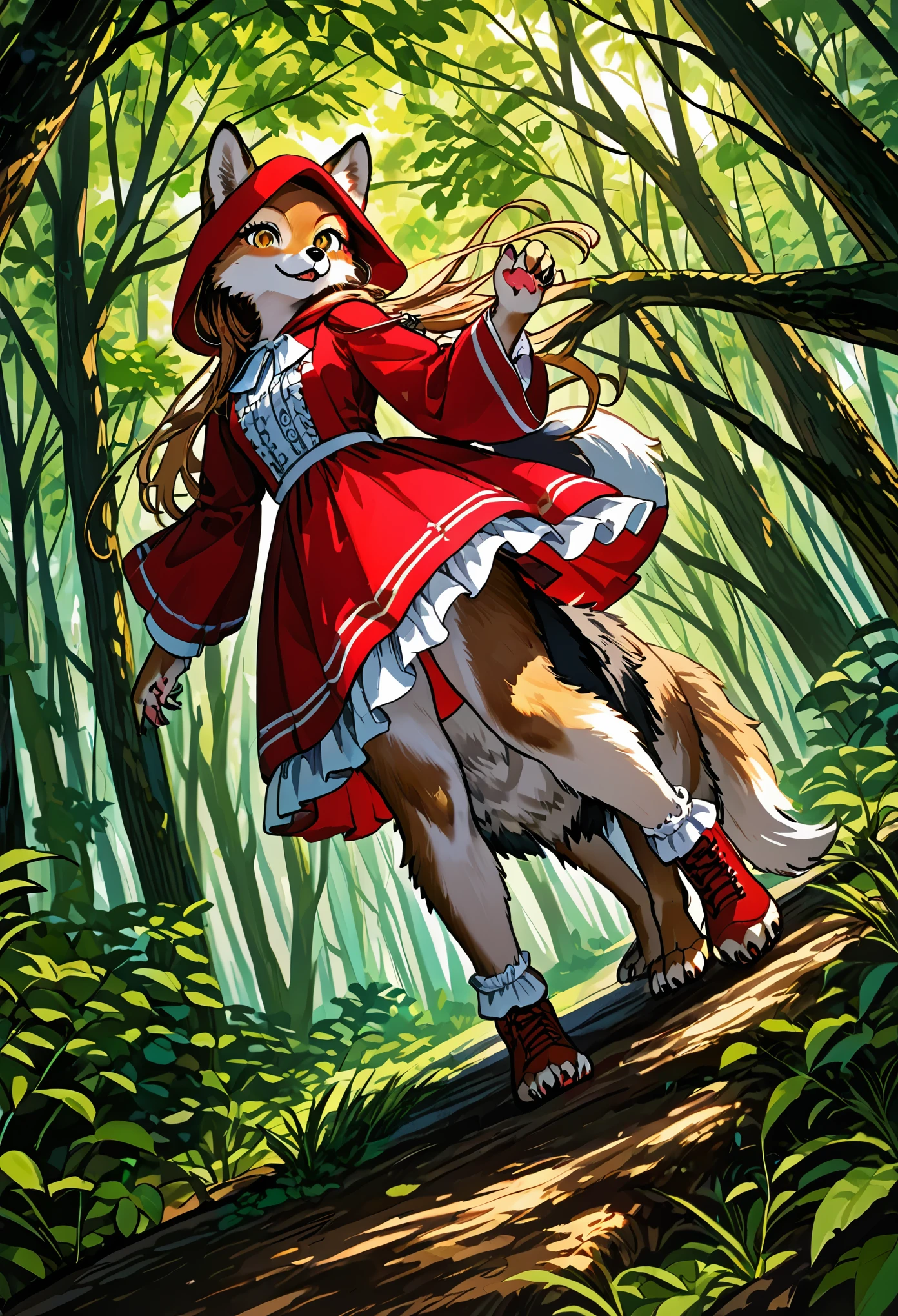 top quality, best quality, High-quality illustrations, masterpiece, super high resolution, detailed background, Little Red Riding Hood, forest, A wolf chases a girl, boy, girl, absurdres, perfect anatomy, good lighting, cinematic shadow(kemono, furry anthro)dynamic angle,
