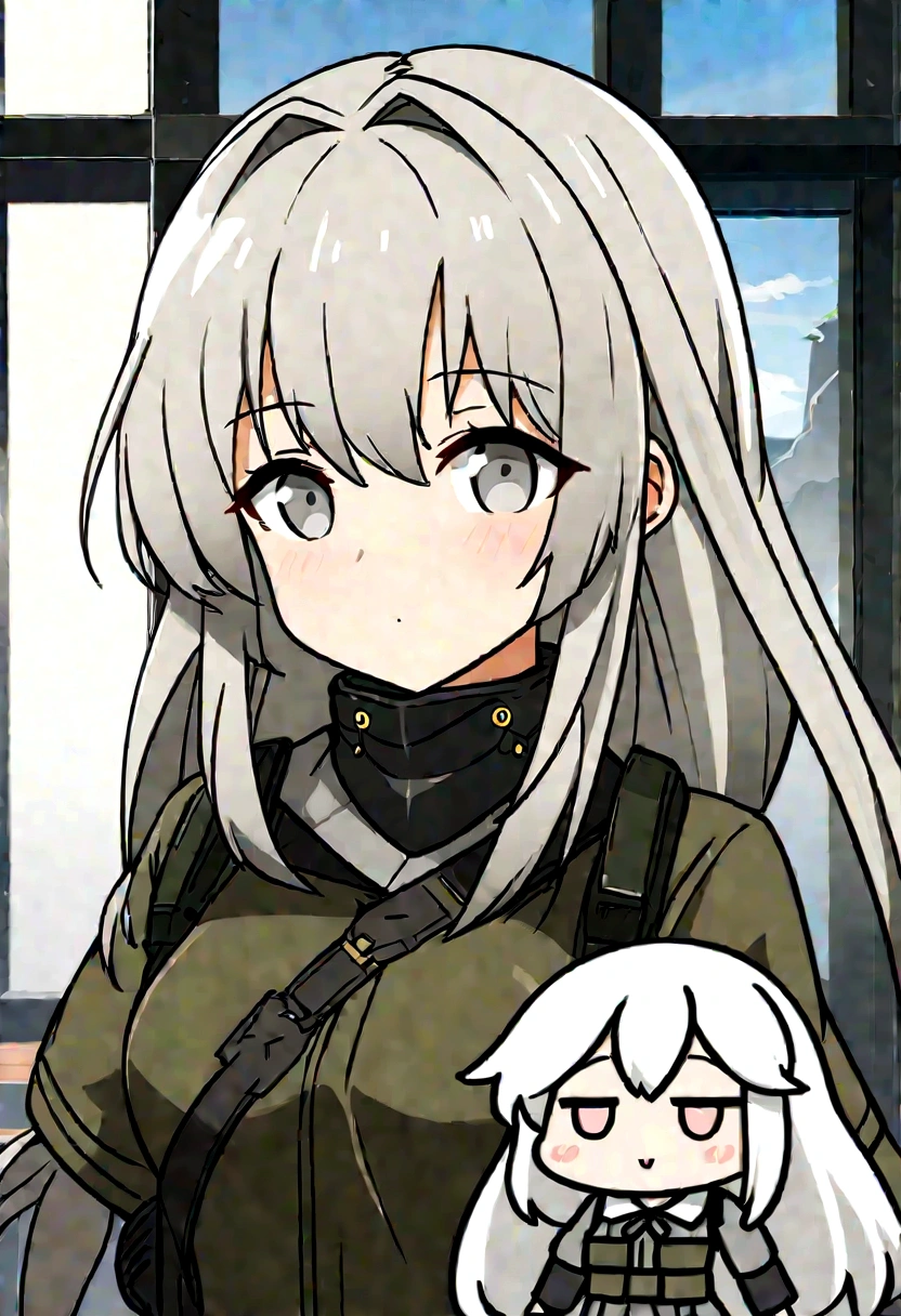 Anime girl with long white hair and black and gray clothes, Girls&#39; Frontline style, from Girls&#39; Frontline, From Arknights, Girls&#39; Frontline cg, Gap Moe Yandere, Female Anime Characters, Azur Lane Style, Girls&#39; Frontline universe, Fine details. Girls&#39; Frontline, Anime Moe Art Style, Kantai Collection Style, Gray-haired, Girls&#39; Frontline