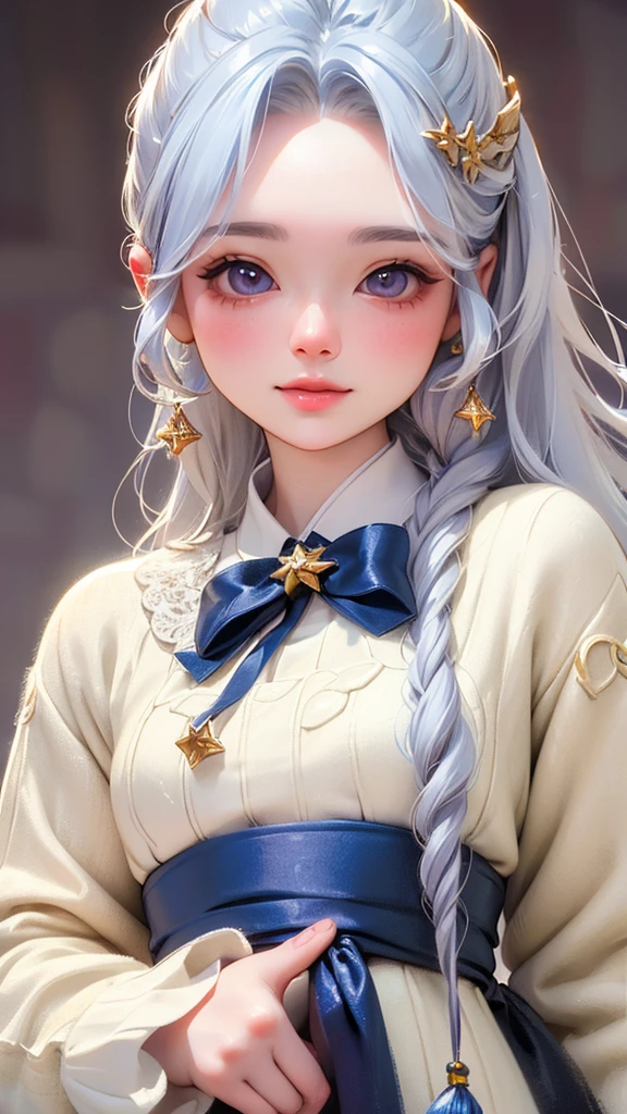 (((Highest quality))),(((Very detailed))),masterpiece,(((Realistic))),(((Photorealistic))),Russia、1men and women、Beautiful silver hair、Natural light、smooth lips、Small Nose、((No makeup))、(((Cute beautiful perfect face at 18 years old)))、Small breasts、Cute pose 、(Smiling Kindly)、((Detailed face)), ((Upper body details)), (Delicate skin), White skin,(Cold colors)、(Highest quality) ,Gion Walk、((Blurred Background))