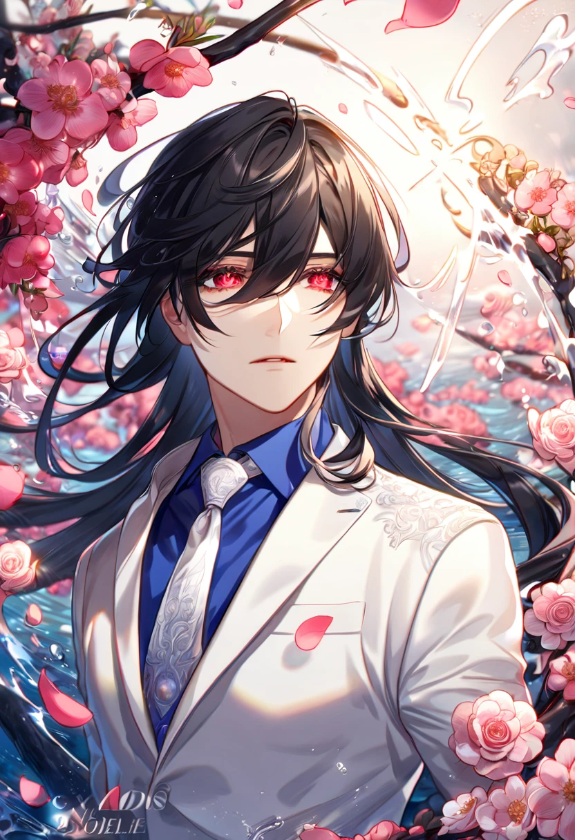 absurdres, highres, ultra detailed, HDR, master piece, best quality, Cadis Etrama Di Raizel, black hair, hair between the eyes, expressive red eyes, Noblesse, solo, sexy man, handsome, white jacket, blue shirt, white necktie, fantasy, shining, water, pink flowers, blossoms, magical, pink petals