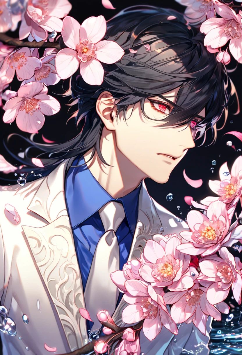 absurdres, highres, ultra detailed, HDR, master piece, best quality, Cadis Etrama Di Raizel, black hair, hair between the eyes, expressive red eyes, Noblesse, solo, sexy man, handsome, white jacket, blue shirt, white necktie, fantasy, shining, water, pink flowers, blossoms, magical, pink petals