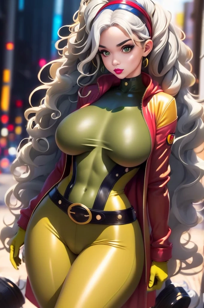 good anatomy, masterpiece, best quality, bokeh, depth of field, highres, high quality, 1girl,
CARTOON_X_MENs_Rogue,ownwaifu,
long hair,breasts,brown hair,green eyes,lipstick,makeup,lips,white hair,two-tone hair,headband,wavy hair,large breasts,messy hair,curly hair,big_hair,
yellow bodysuit,jacket,gloves,belt,yellow gloves,green bodysuit,bodysuit,multicolored bodysuit,superhero, skin tight,multicolored clothes,
