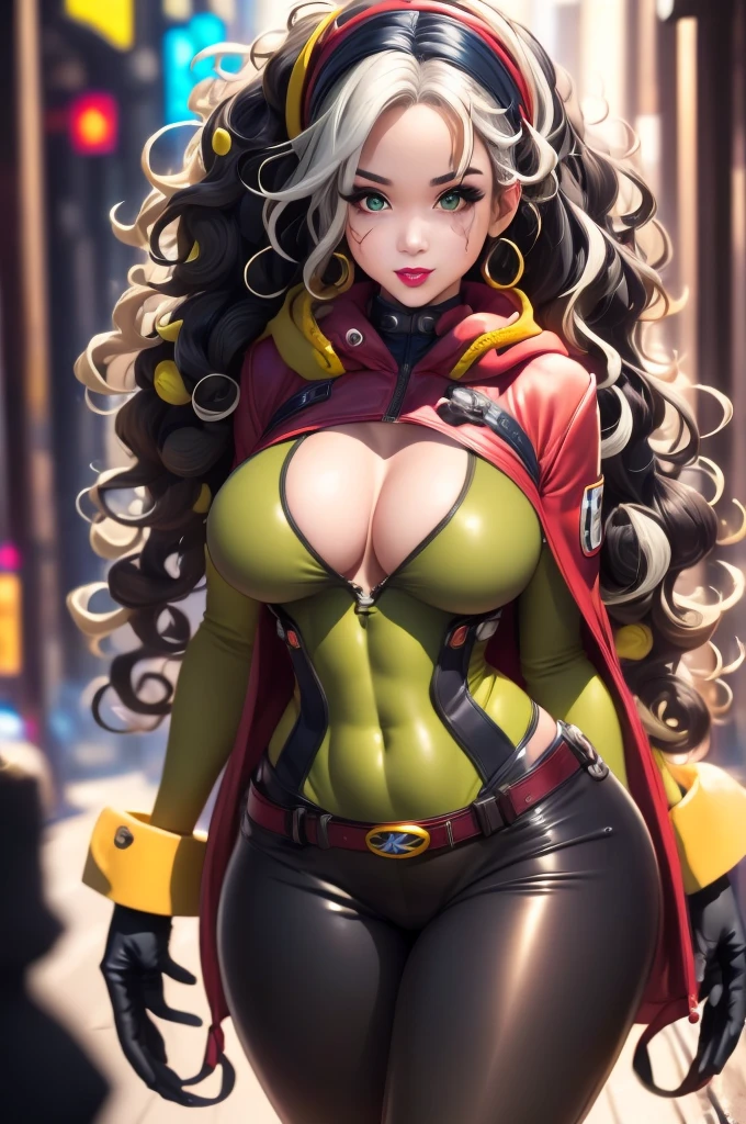 good anatomy, masterpiece, best quality, bokeh, depth of field, highres, high quality, 1girl,
CARTOON_X_MENs_Rogue,ownwaifu,
long hair,breasts,brown hair,green eyes,lipstick,makeup,lips,white hair,two-tone hair,headband,wavy hair,large breasts,messy hair,curly hair,big_hair,
yellow bodysuit,jacket,gloves,belt,yellow gloves,green bodysuit,bodysuit,multicolored bodysuit,superhero, skin tight,multicolored clothes,