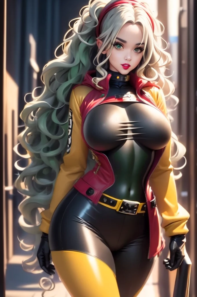 good anatomy, masterpiece, best quality, bokeh, depth of field, highres, high quality, 1girl,
CARTOON_X_MENs_Rogue,ownwaifu,
long hair,breasts,brown hair,green eyes,lipstick,makeup,lips,white hair,two-tone hair,headband,wavy hair,large breasts,messy hair,curly hair,big_hair, 
yellow bodysuit,jacket,gloves,belt,yellow gloves,green bodysuit,bodysuit,multicolored bodysuit,superhero, skin tight,multicolored clothes,  