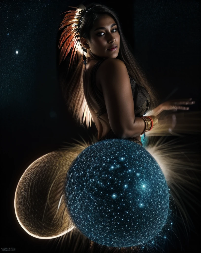 Beautiful Cherokee Indian woman with beautiful terracotta colored headdresses, blackw, doradas, cobre, Pearl, white and beige, feathers made of bright neon of various colors, flares on camera, bokeh, full moon night