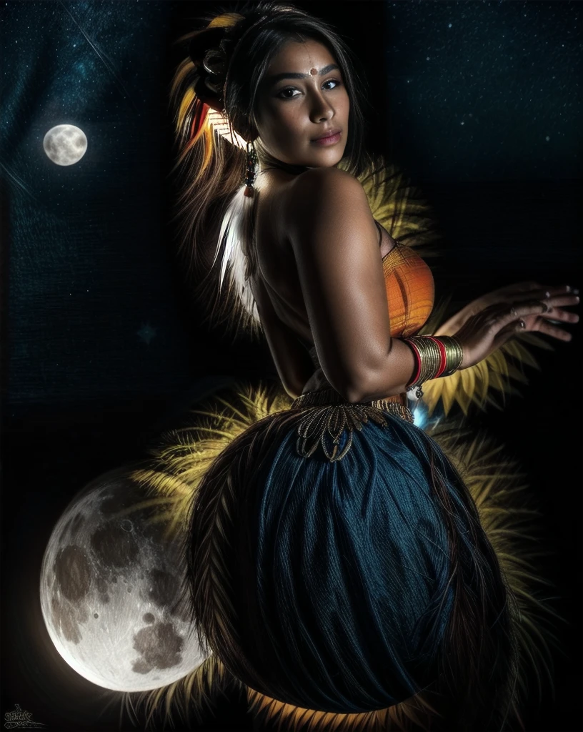 Beautiful Cherokee Indian woman with beautiful terracotta colored headdresses, blackw, doradas, cobre, Pearl, white and beige, feathers made of bright neon of various colors, flares on camera, bokeh, full moon night
