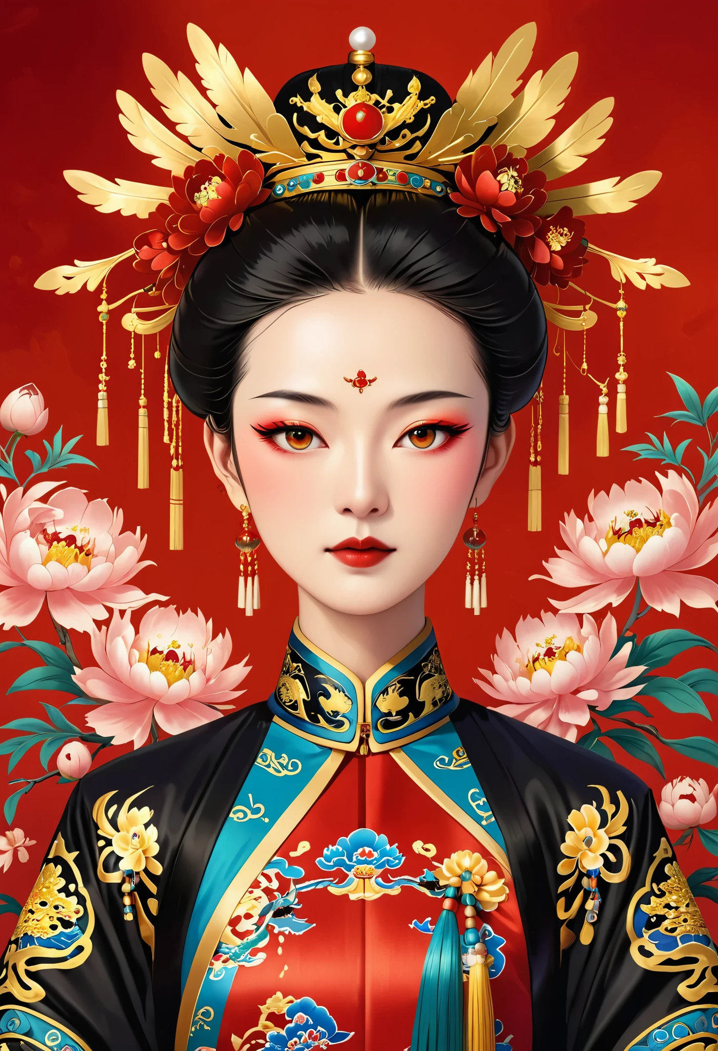 Dragon Throne:1.37.Solemn girl portrait,symmetry,Round Face,Bright Eyes,Smooth skin,Red peony headdress,Elegant and luxurious,Wealth,Gorgeous black and gold costumes,Chinese Qing Dynasty flag costumes,Selfish,Chinese Emperor,High bun,Gorgeous golden crown,tassel,palace,Clean background,(((Wu Zetian,Empress))),Pearl tassels,Pearl Makeup,Red background