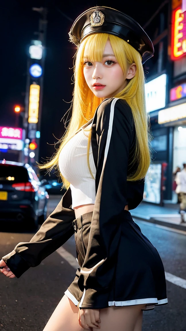 最high quality, masterpiece, 32k、Very detailed、Realistic、1 Girl, Japanese women、uniformのコスチューム、Futuristic sexy costume, Military uniforms hats、uniform、Class seal、uniformの帽子を被ります(uniformの帽子), Cute face, (photo Actual:1.3),Bob Hair(Yellow hair color、Yellow Hair)、Edge lighting, (Skin with attention to detail:1.2), 8K超High resolution, Single-lens reflex camera, high quality, High resolution, 4K, 8K, Optimal ratio of four fingers to one thumb, (Actual:1.3), cute 1 Girl, Realistic、Super Realistic、32k、Very detailed、masterpiece, 最high quality, beautiful girl, beauty、Gorgeous girl, Big Breasts, Big Ass, Tight waist, Spread your legs, Plenty of facial detail, City of the Future, hologram, Neon lighting, Very detailedな, High resolution, masterpiece, high quality, High resolution, uniform