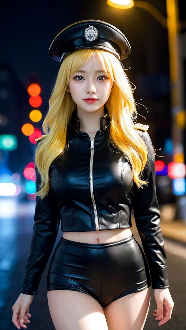 最high quality, masterpiece, 32k、Very detailed、Realistic、1 Girl, Japanese women、uniformのコスチューム、Futuristic sexy costume, Military uniforms hats、uniform、Class seal、uniformの帽子を被ります(uniformの帽子), Cute face, (photo Actual:1.3),Bob Hair(Yellow hair color、Yellow Hair)、Edge lighting, (Skin with attention to detail:1.2), 8K超High resolution, Single-lens reflex camera, high quality, High resolution, 4K, 8K, Optimal ratio of four fingers to one thumb, (Actual:1.3), cute 1 Girl, Realistic、Super Realistic、32k、Very detailed、masterpiece, 最high quality, beautiful girl, beauty、Gorgeous girl, Big Breasts, Big Ass, Tight waist, Spread your legs, Plenty of facial detail, City of the Future, hologram, Neon lighting, Very detailedな, High resolution, masterpiece, high quality, High resolution, uniform