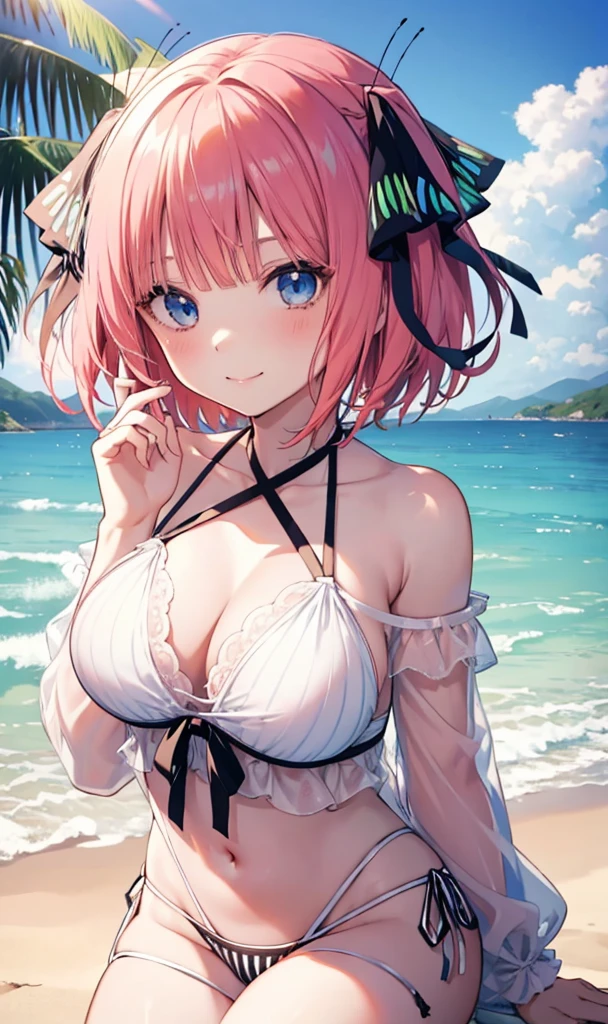 Nino Nakano is a character that appears in the anime "The Quintessential Quintuplets" 「The background is a sunny day at the sandy beach...」The eyes of this character are blue. My hairstyle is a bob cut with shockingpink color. This character is wearing a butterfly hair accessory. Please focus on this character. This character has a very lovely smile.high Quality. .. masterpiece,best quality,ultra detailed, My breast size is D cup. The background is a sunny day at the sandy beach. This character is wearing an off shoulder bikini. The off shoulder bikini has a pattern of Blue and White stripes.