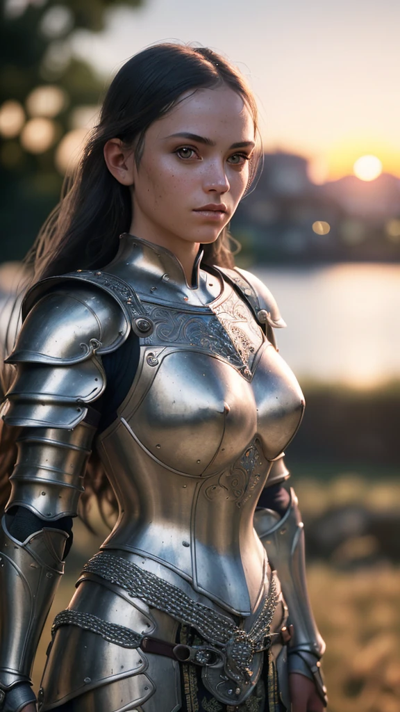 (masterpiece), (extremely intricate:1.3), (realistic), portrait of a girl, the most beautiful in the world, (medieval armor), metal reflections, upper body, outdoors, intense sunlight, far away castle, professional photograph of a stunning woman detailed, sharp focus, dramatic, award winning, cinematic lighting, octane render unreal engine, volumetrics dtx, (film grain, blurry background, blurry foreground, bokeh, depth of field, sunset, motion blur:1.3), chainmail