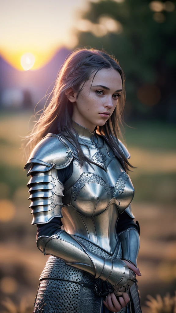 (masterpiece), (extremely intricate:1.3), (realistic), portrait of a girl, the most beautiful in the world, (medieval armor), metal reflections, upper body, outdoors, intense sunlight, far away castle, professional photograph of a stunning woman detailed, sharp focus, dramatic, award winning, cinematic lighting, octane render unreal engine, volumetrics dtx, (film grain, blurry background, blurry foreground, bokeh, depth of field, sunset, motion blur:1.3), chainmail