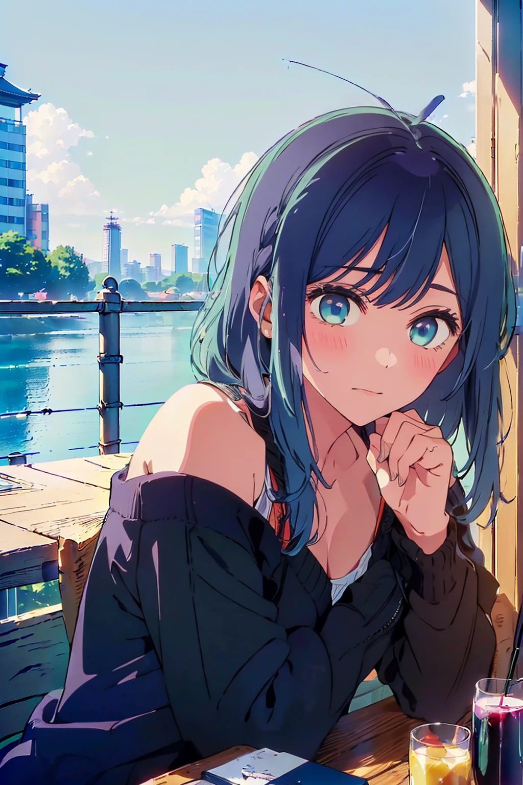 (Highest quality:1.4、masterpiece:1.4、Super detailed:1.4、Ultra-high resolution:1.4、Absolute Resolution:1.4、Absurd:1.4、8K:1.4)、Slim body、((((1 person、Surprised expression、sit、Chair、In the background are the urban buildings of Tokyo、looking at the camera、Outdoor café terrace、Navy hair color、juice、table、Get up close and take a photo、Shooting from an angle、Very cute face))))、((((nude、very beautiful areola))))、(Pose with hands tucked behind ears:1.4、Cheek resting on hand:1.4)、(((Black off-the-shoulder cardigan)))、valley、Very blue sky、A completely cloudless sky